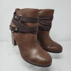 Material Girl Booties Womens 7.5 Brown Zip Straps Faux Leather Boots Block Shoes